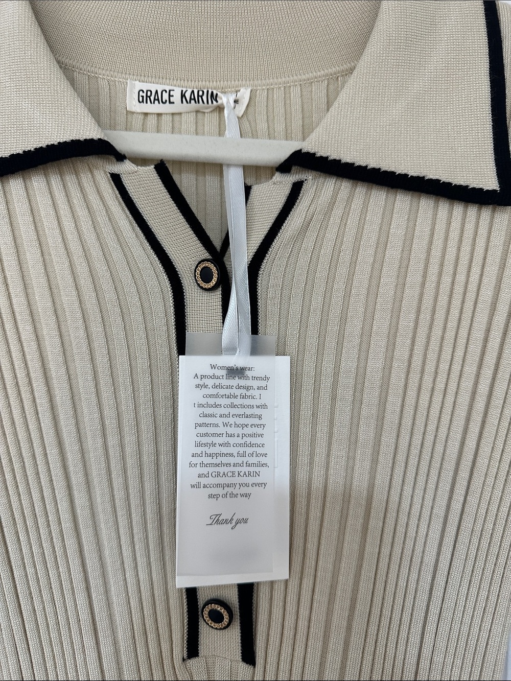 Grace Karin Beige Ribbed Polo Midi Dress with Black Trim - Picture 3 of 7